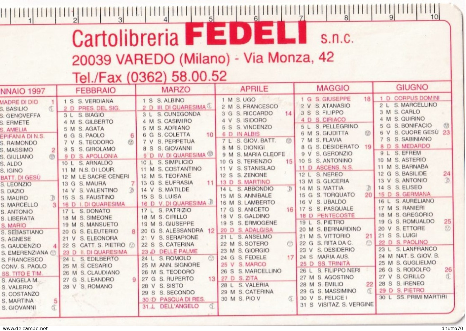 Calendarietto - Cartolibreria FEDELI - Veredo - Milano - Anno 1997 - Tamaño Pequeño : 1991-00