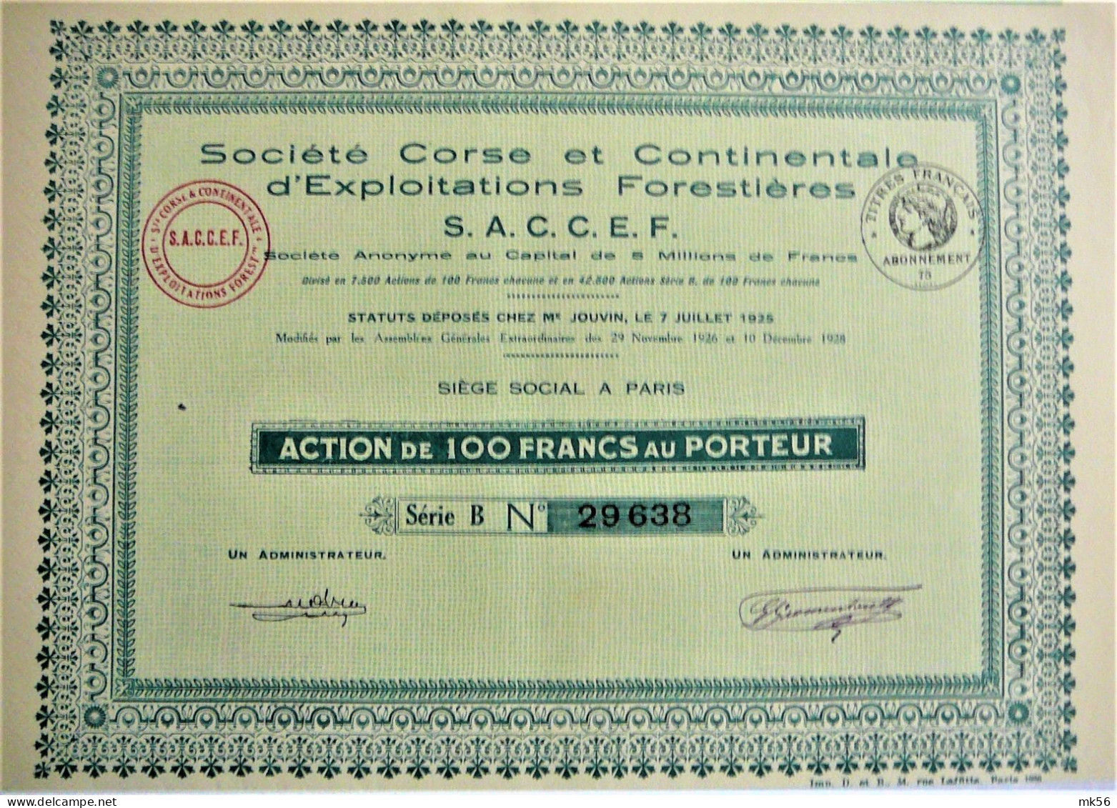 Société Corse Et Continentale  D' Exploitations Forestières  -  Act De 100fr  (1925) - Autres & Non Classés