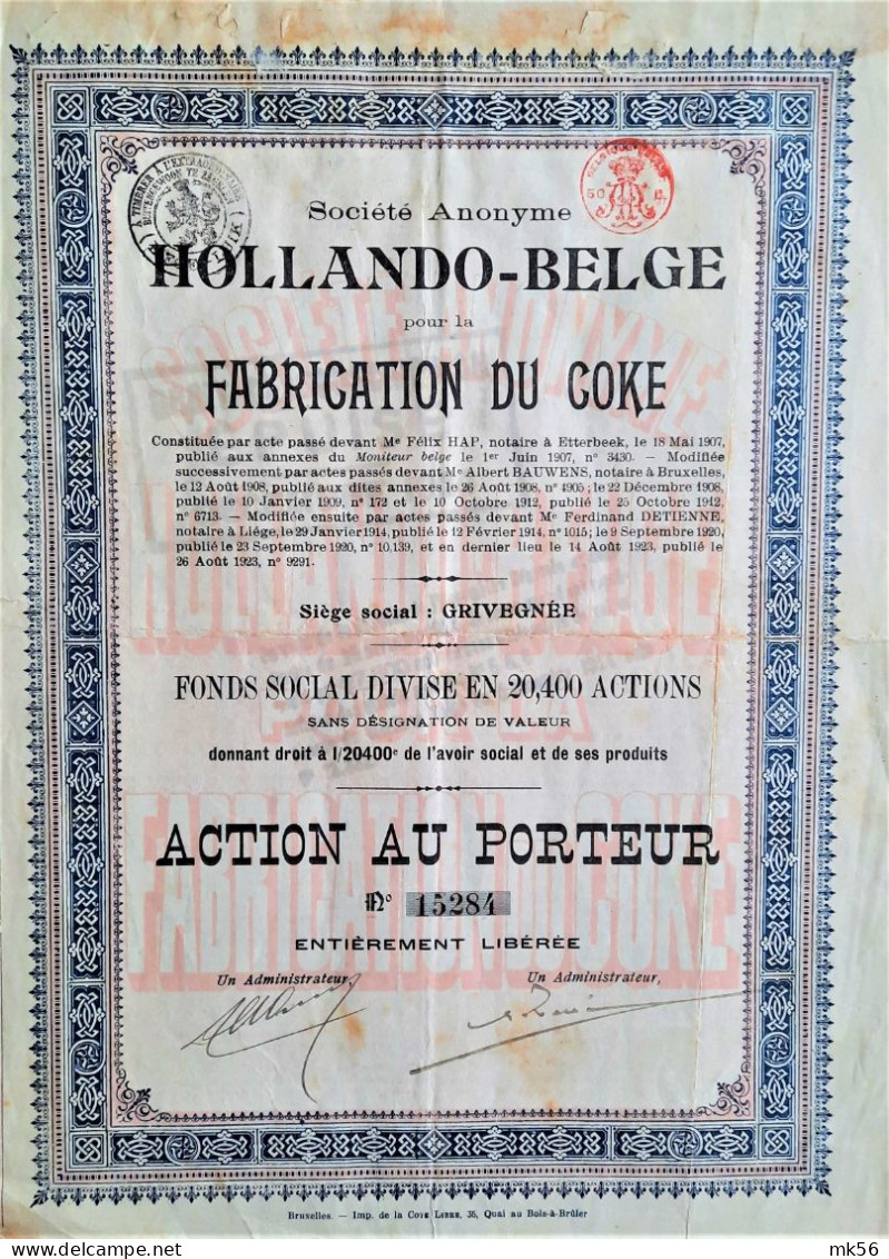 S.A. Hollando-Belge  Pour La Fabrication Du Coke - 1920 - Grivegnée - Altri & Non Classificati