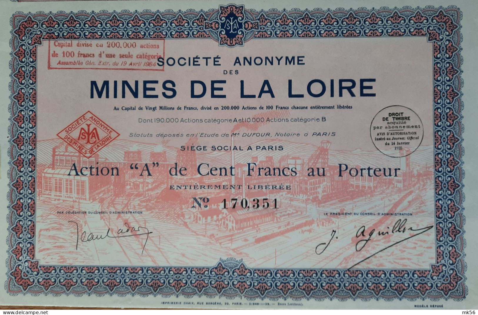 S.A.. Des Mines De La Loire - Action 'A' De 100 Francs Au Porteur - Paris - 1930 - Mines