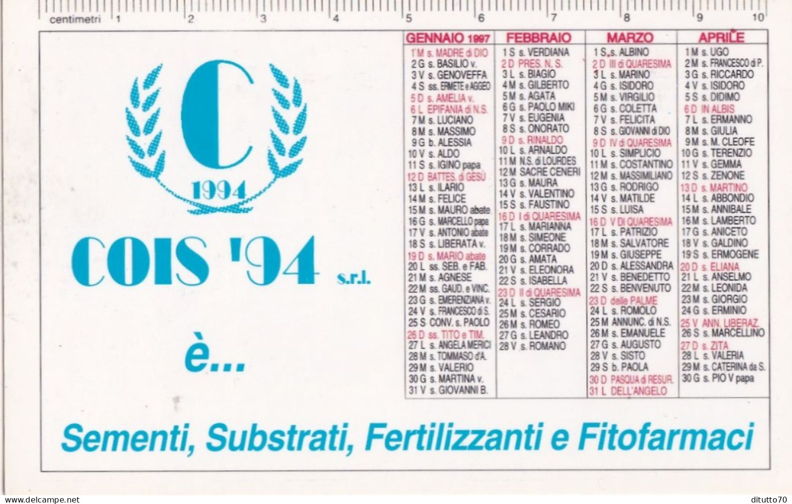 Calendarietto - COIS 94 - Belpasso - Catania - Anno 1997 - Formato Piccolo : 1991-00