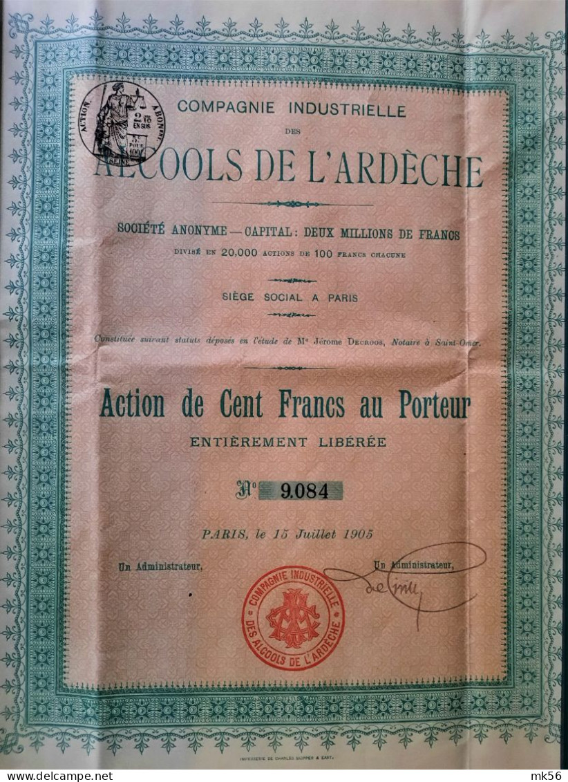 Compagnie Industriele Des Alcools De L'Ardèche - Paris - 1905 - Action De 100 Francs Au Porteur - Elektriciteit En Gas