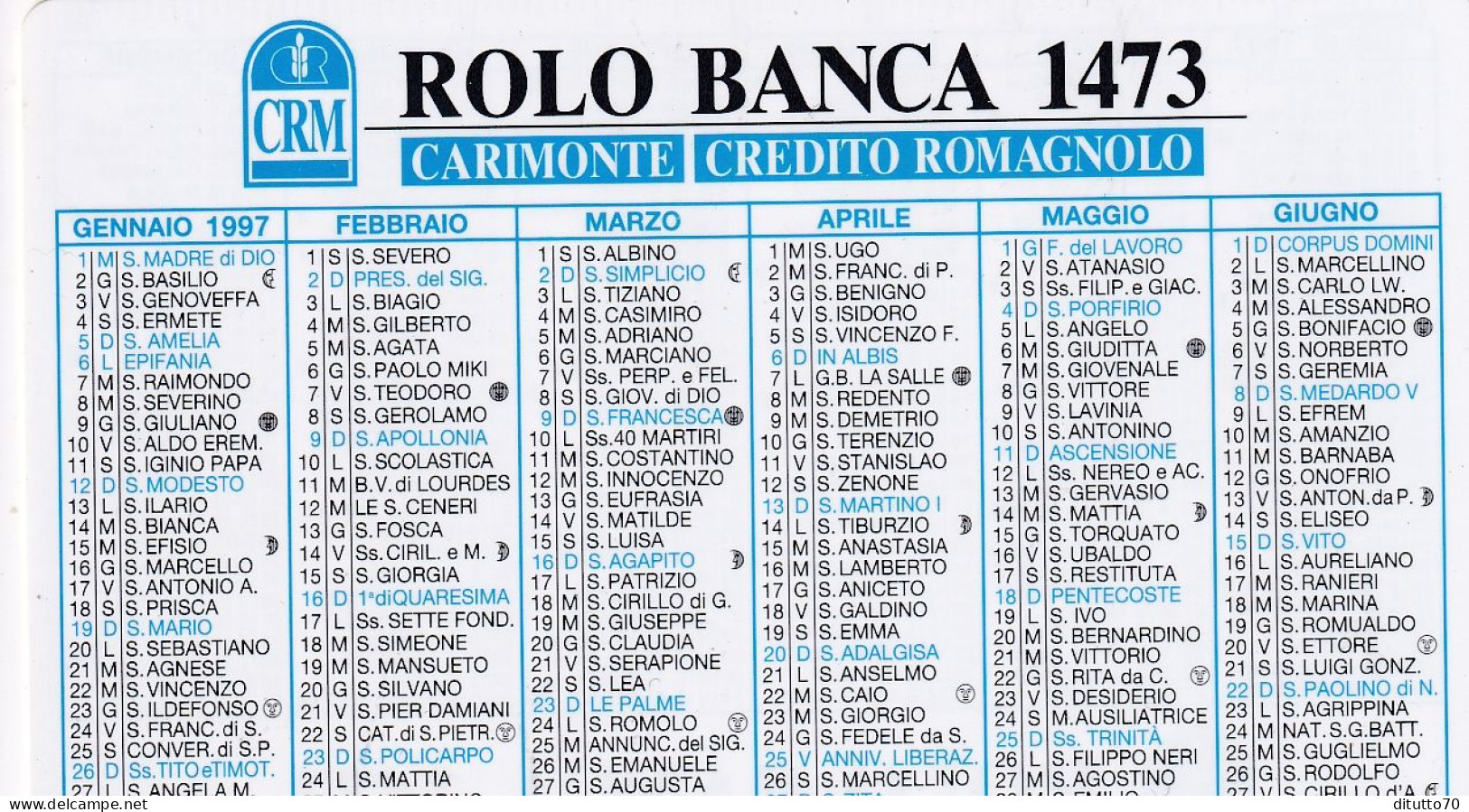 Calendarietto - CRM - Rolo Banca - Credito Romagnolo - Anno 1997 - Tamaño Pequeño : 1991-00