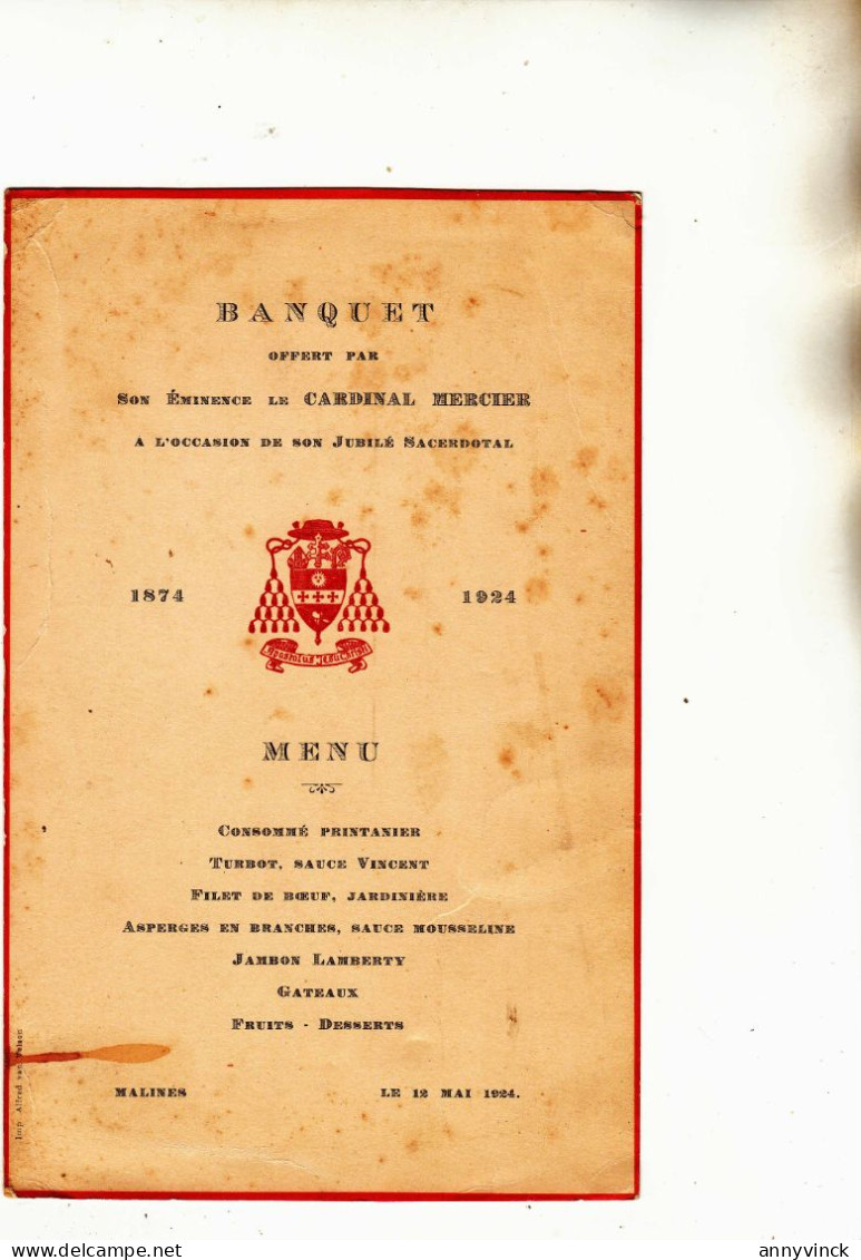 Menu Banquet Kardinaal Mercier Cardinal Jubilé Sacerdotal 1874 /1924 - Menus