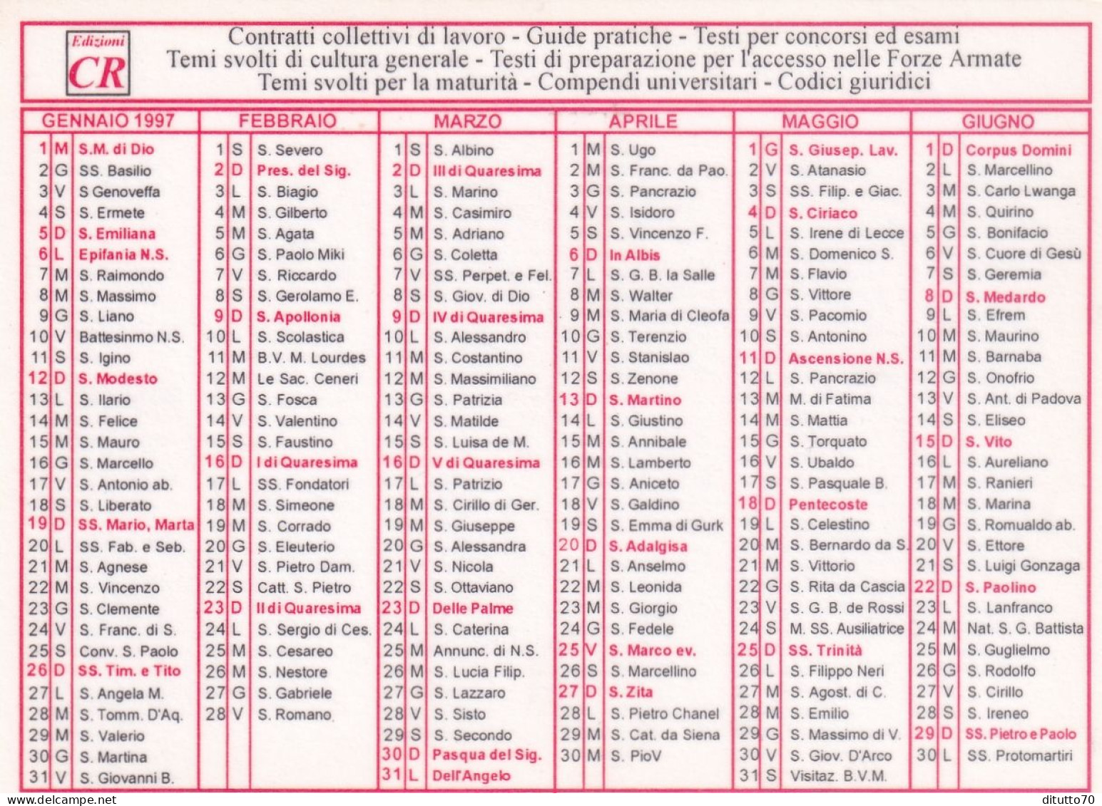 Calendarietto - Edizioni CR - Toma - Anno 1997 - Formato Piccolo : 1991-00
