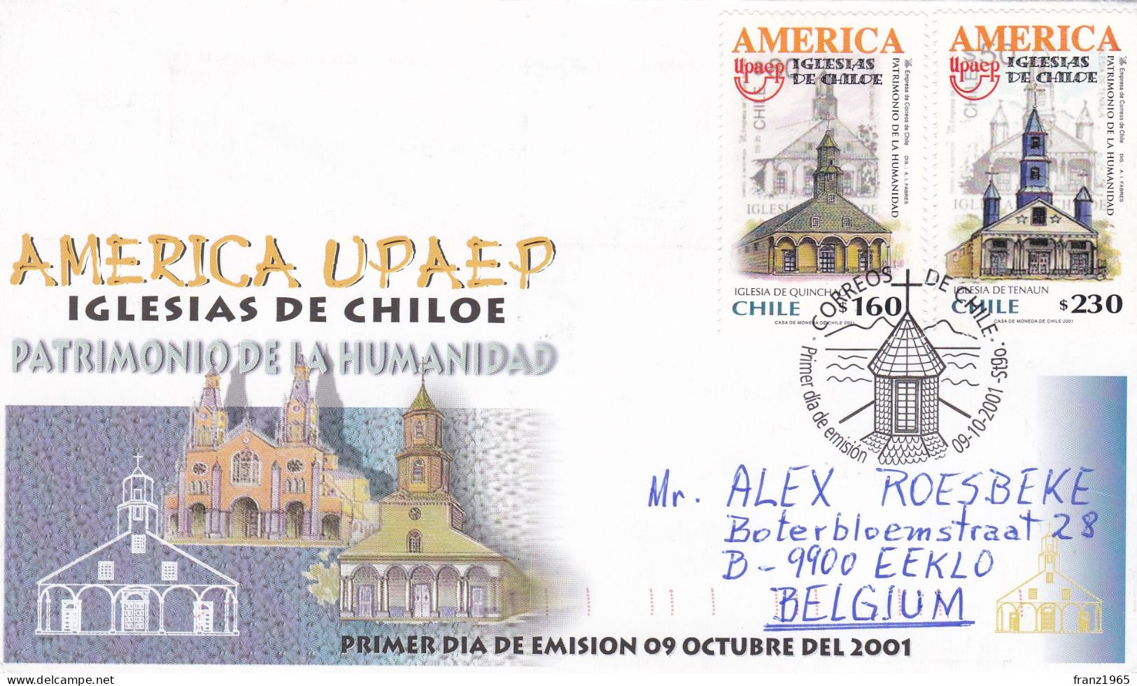 From Chile To Belgium - Iglesias De Chiloe FDC - 2001 - Chile