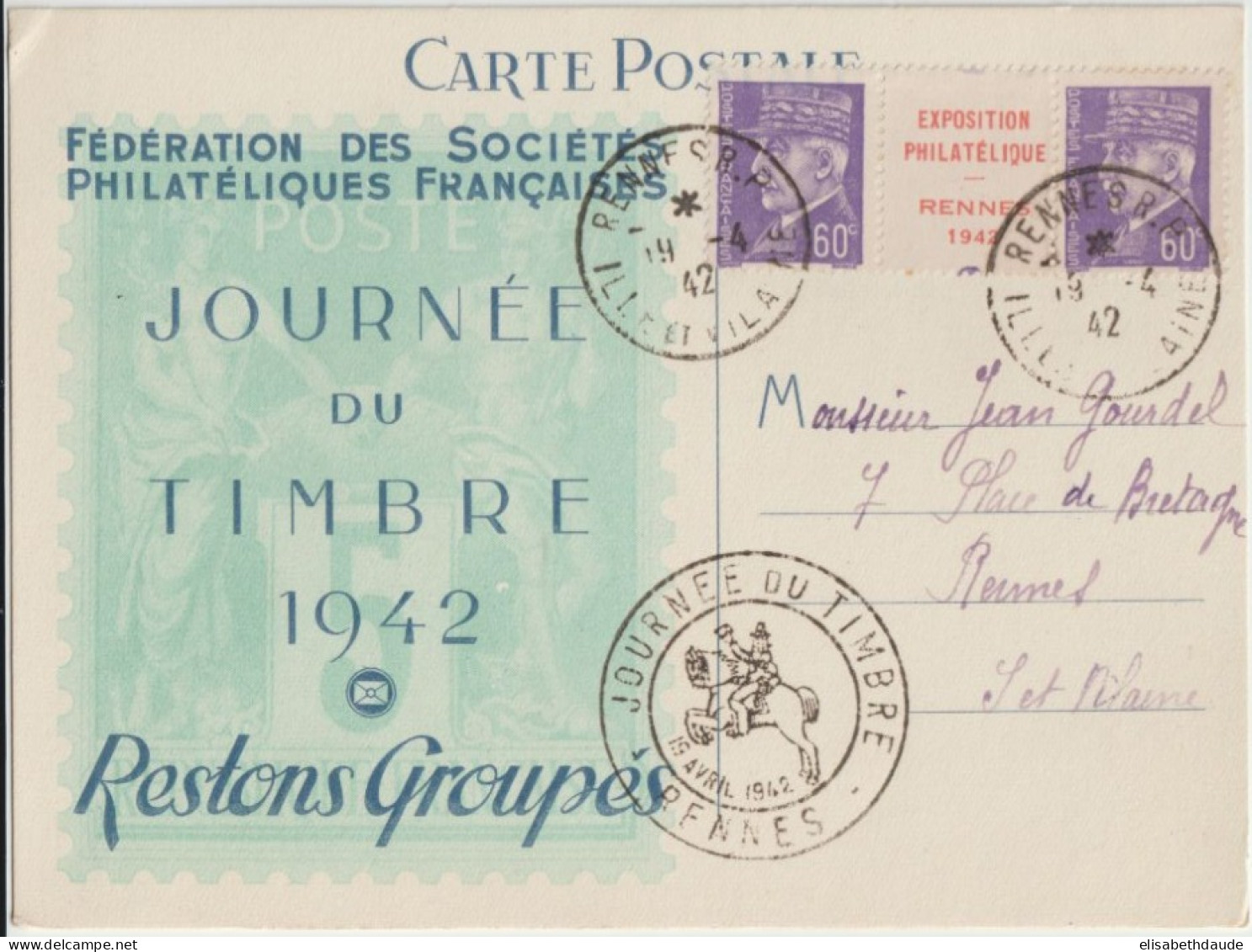 1942 - PETAIN PAIRE Avec INTERPANNEAU REPIQUE "EXPOSTION PHILATELIQUE De RENNES" Sur CARTE JOURNEE DU TIMBRE - 1941-42 Pétain