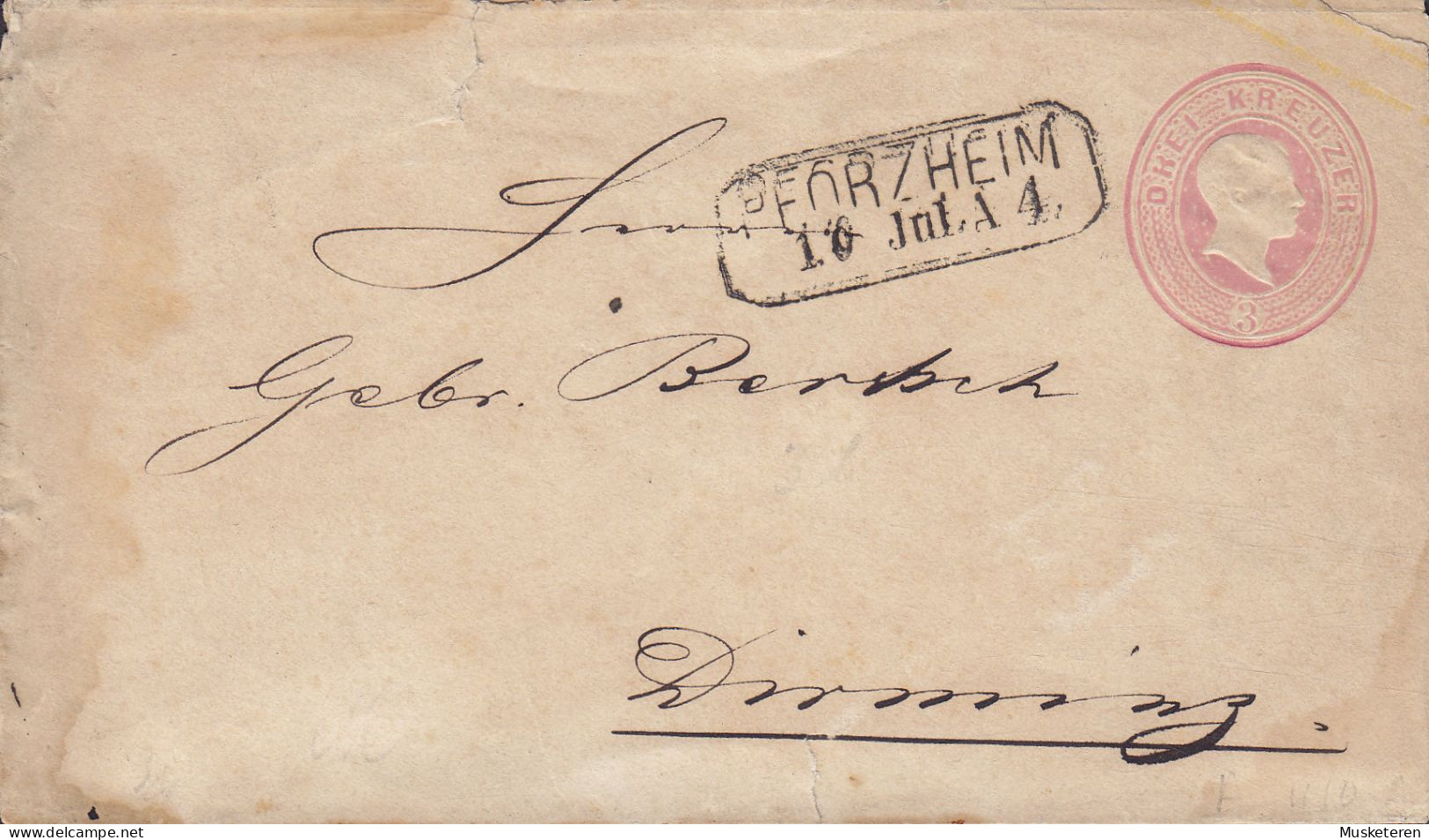 Baden Postal Stationery Ganzsache DREI KREUZER Herzog Friedrich, PFORZHEIM 1863 MÜHLACKER (Arr. Cds.) (2 Scans) - Ganzsachen