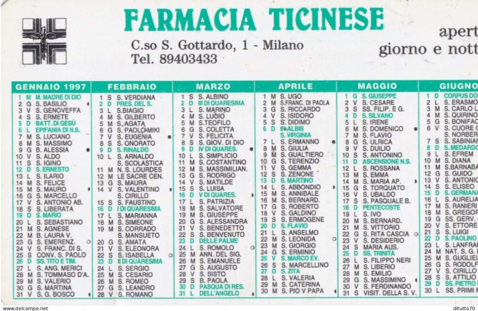 Calendarietto - Farmacia Ticinese - Milano - Anno 1997 - Formato Piccolo : 1991-00