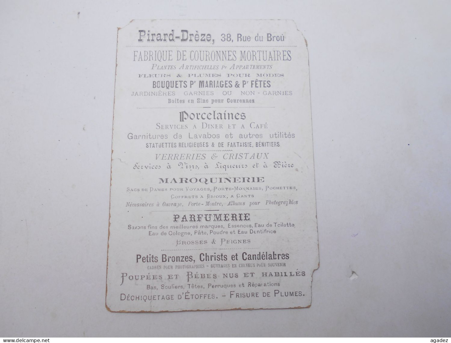 Carte Publicitaire Pirard Dreze Rue Du Brou (verviers ) Couronnes Parfumerie Porcelaines - Pubblicitari