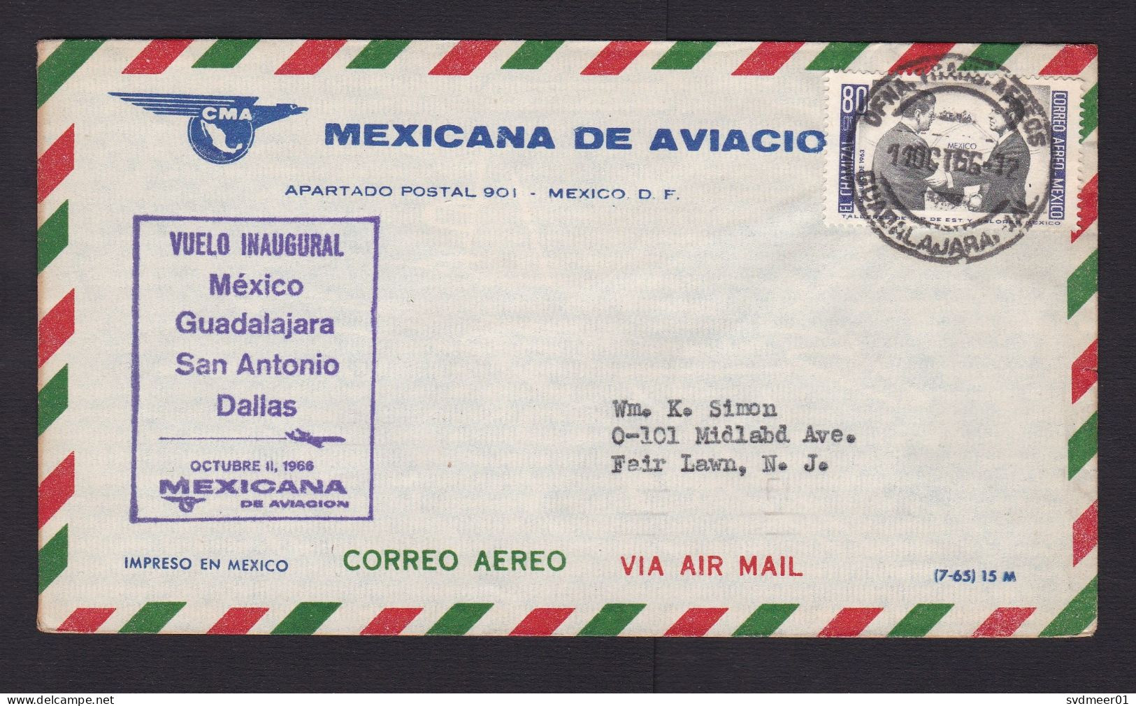 Mexico: FFC First Flight Cover To USA, 1966, 1 Stamp, Visit Kennedy, CMA Mexicana Airlines, Dallas (minor Discolouring) - Mexique