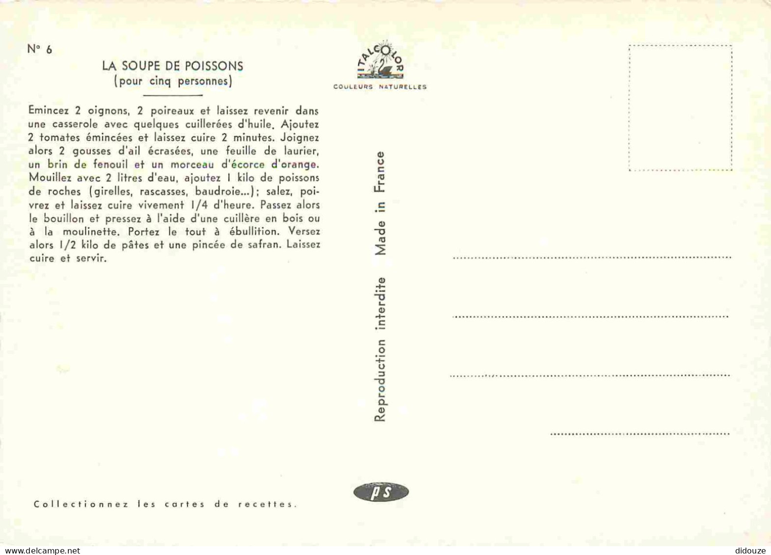 Recettes De Cuisine - Soupe De Poissons - Gastronomie - Carte Dentelée - CPSM Grand Format - Carte Neuve - Voir Scans Re - Küchenrezepte