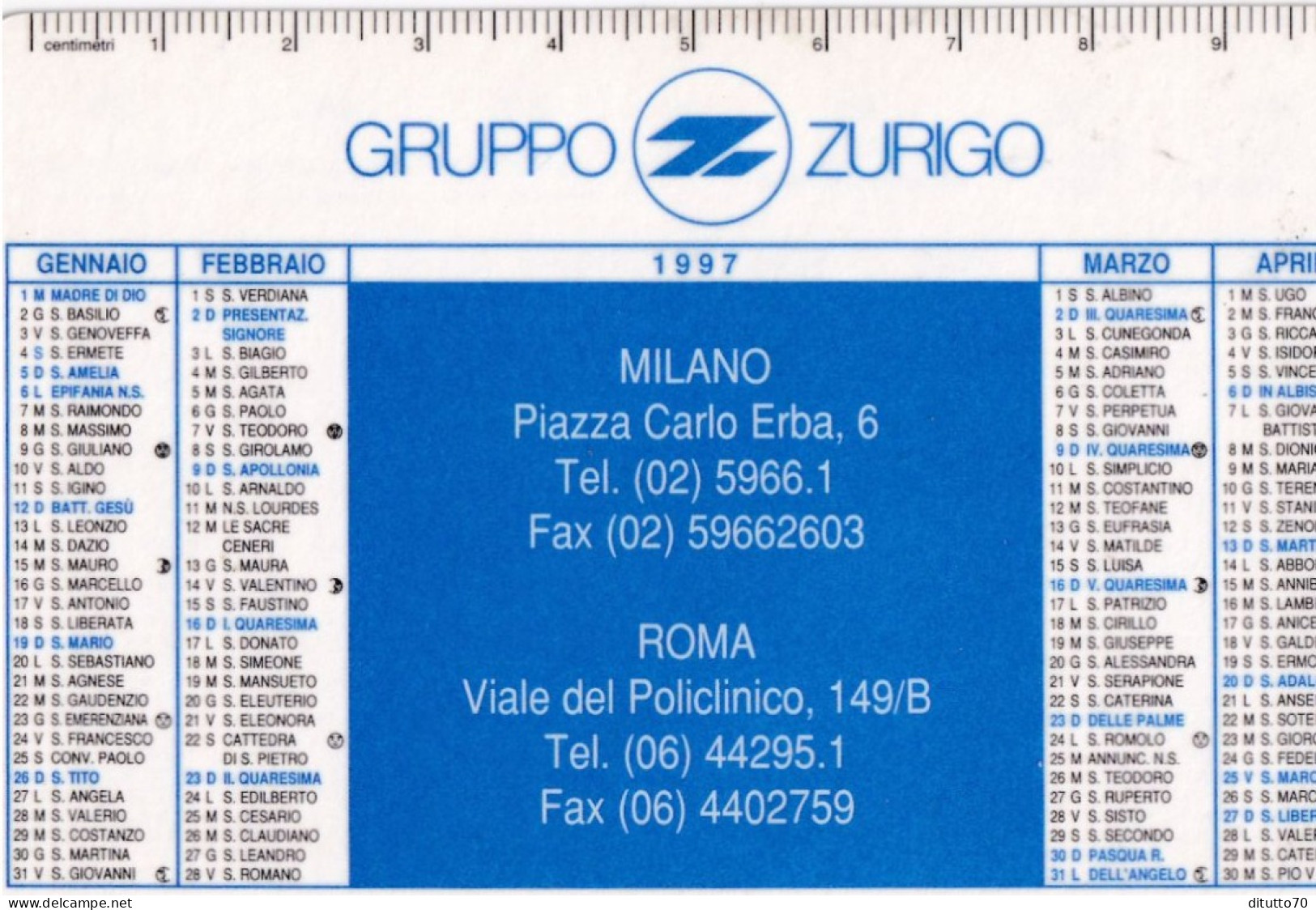 Calendarietto - Gruppo Zurigo - Assicurazioni - Milano - Roma - Anno 1997 - Petit Format : 1991-00
