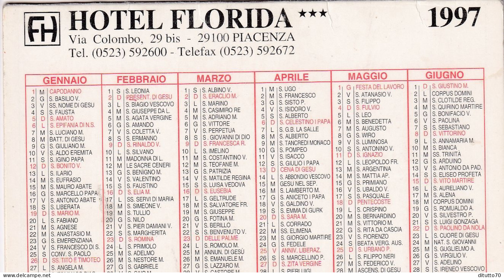 Calendarietto - Hotel Florida - Piacenza - Anno 1997 - Tamaño Pequeño : 1991-00