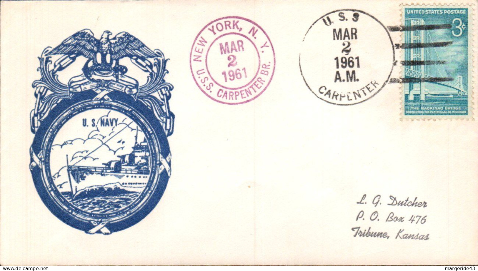 USA ETATS UNIS PLI DU NAVIRE U S S CARPENTER 1961 - Lettres & Documents