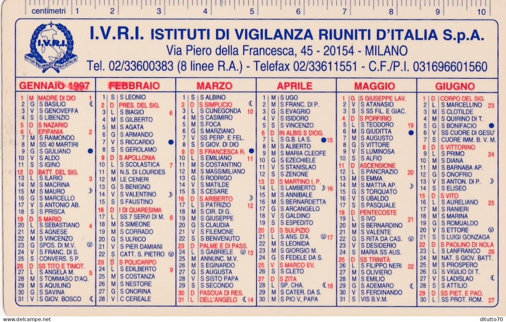 Calendarietto - I.V.R.I., - Istituto Di Vgilanza Riuniti D'italia - Milano - Anno 1997 - Tamaño Pequeño : 1991-00