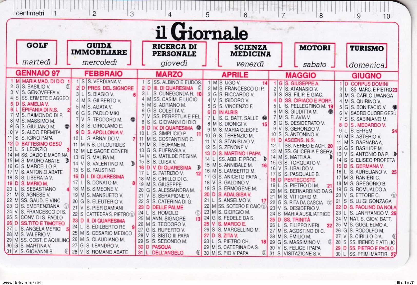 Calendarietto - Il Giornale - Anno 1997 - Formato Piccolo : 1991-00
