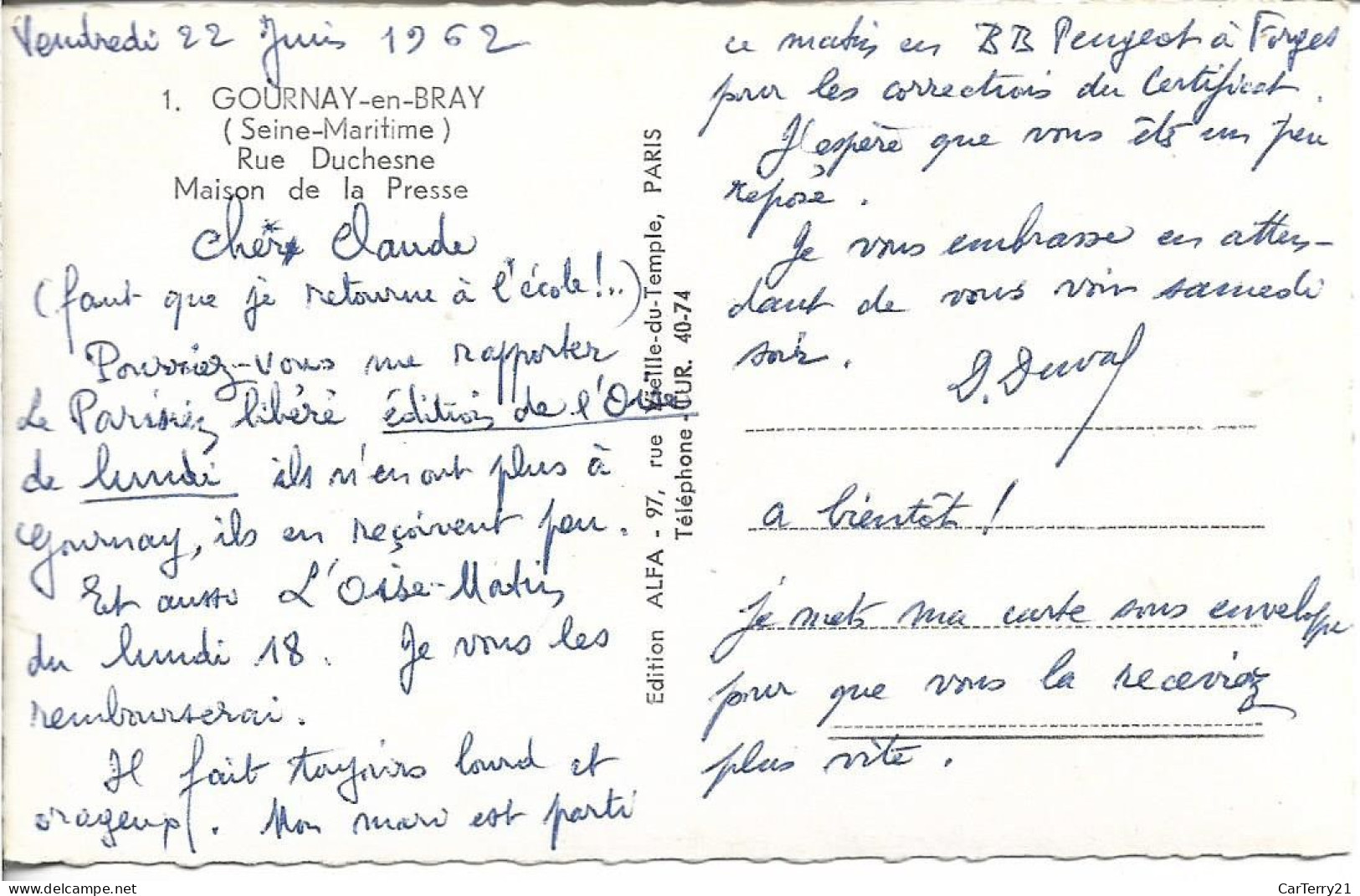 76. GOURNAY EN BRAY. RUE DUCHESNE. MAISON DE LA PRESSE. VOITURE ANCIENNE. 1962. - Gournay-en-Bray