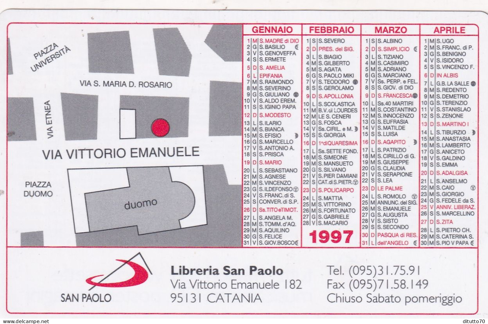 Calendarietto - Libreria San Paolo - Catania - Anno 1997 - Tamaño Pequeño : 1991-00