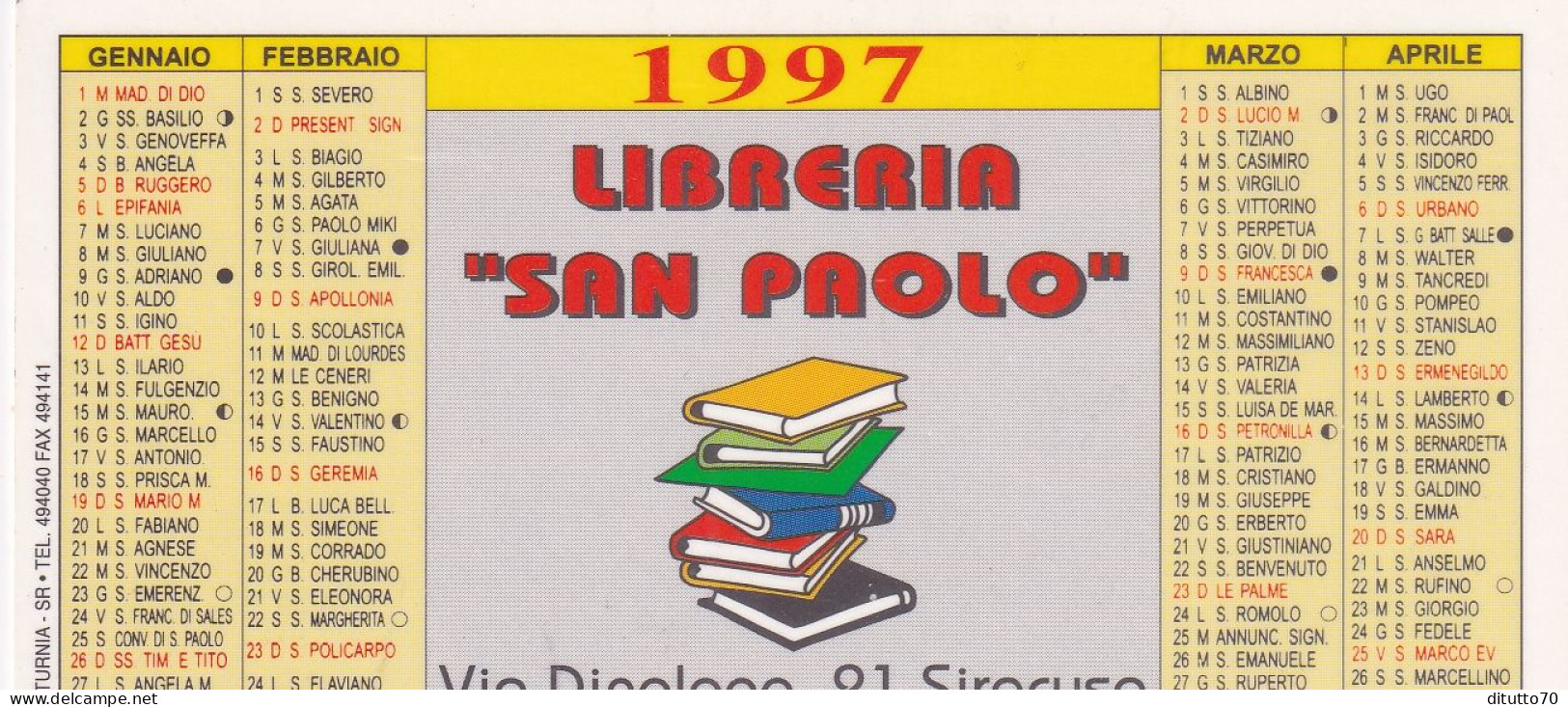 Calendarietto - Libreria San Paolo - Siracusa - Anno 1997 - Formato Piccolo : 1991-00