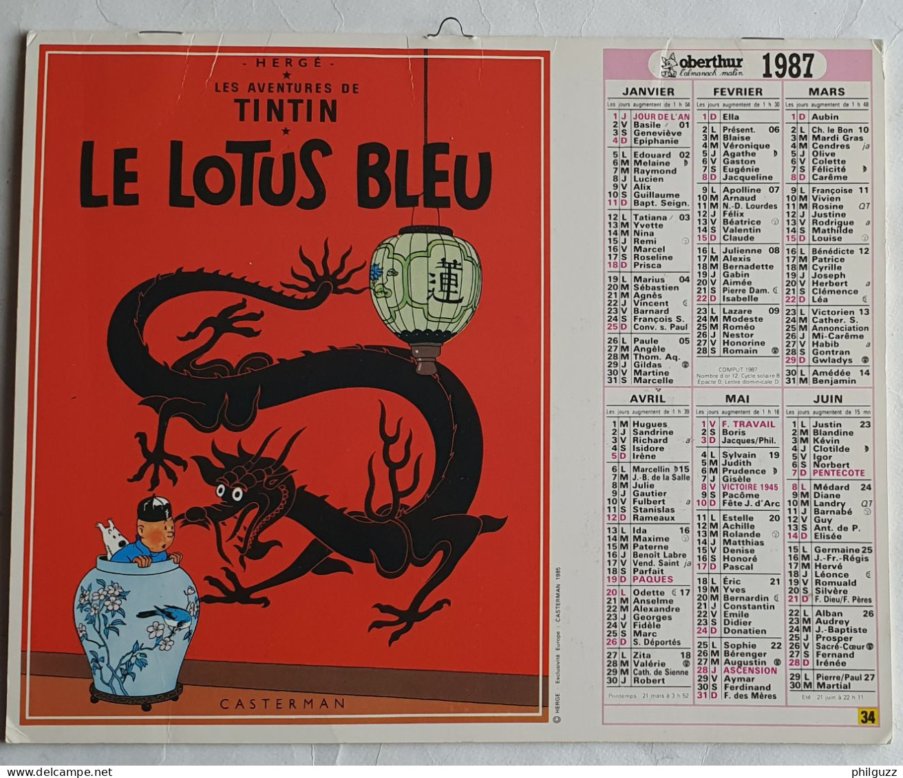 CALENDRIER OBERTHUR TINTIN 1987 Hergé - Diaries