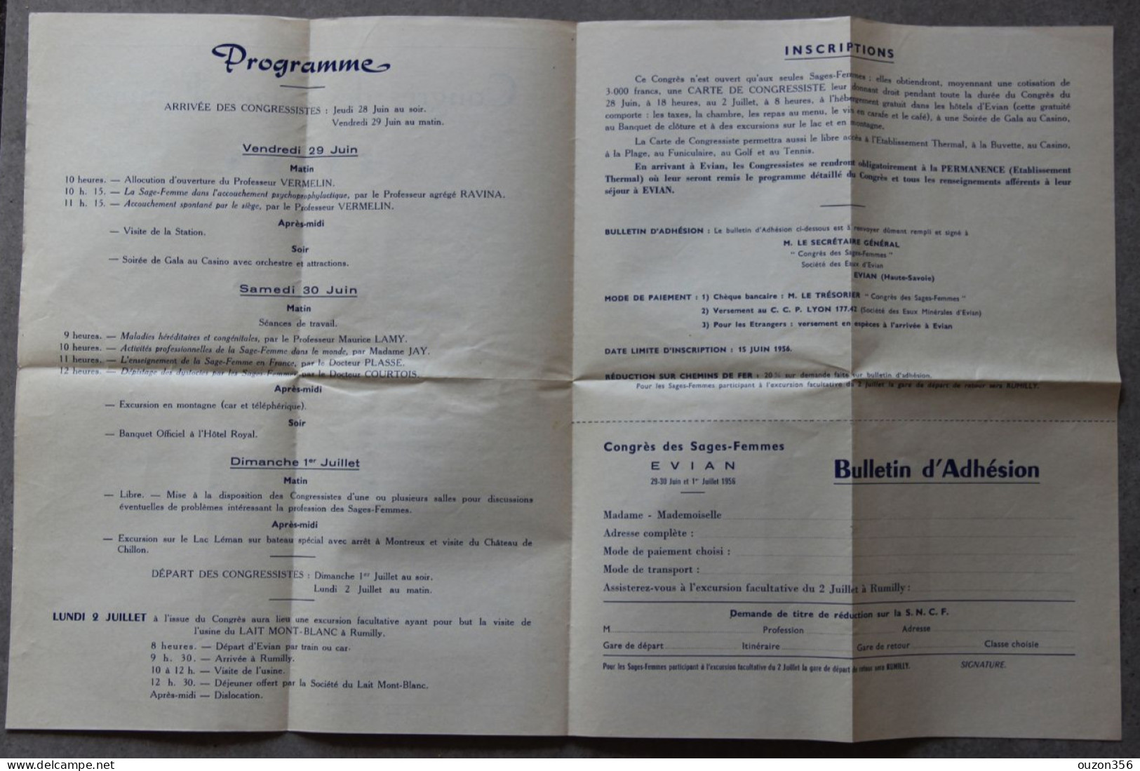 Evian-les-Bains (Haute-Savoie), Congrès Des Sages-femmes, Programme, 1956 - Collections