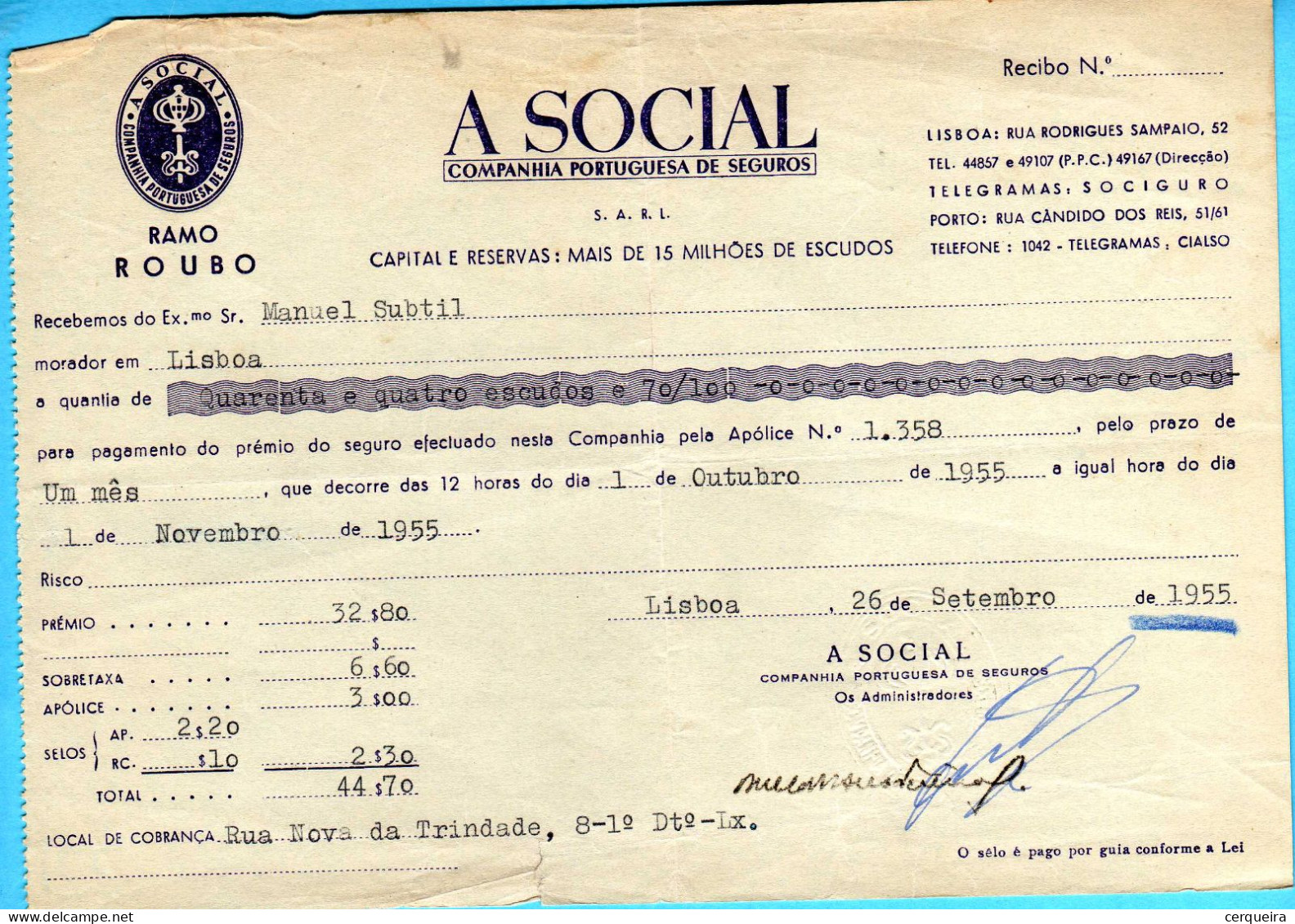 COMPANHIA DE SEGUROS A SOCIAL - Lettres & Documents