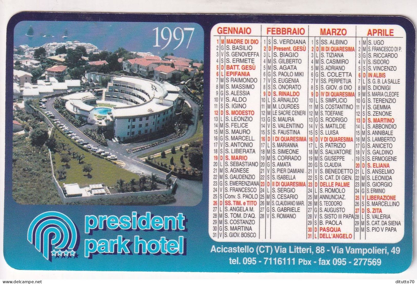 Calendarietto - President Park Hotel - Acicastello - Catania - Anno 1997 - Kleinformat : 1991-00