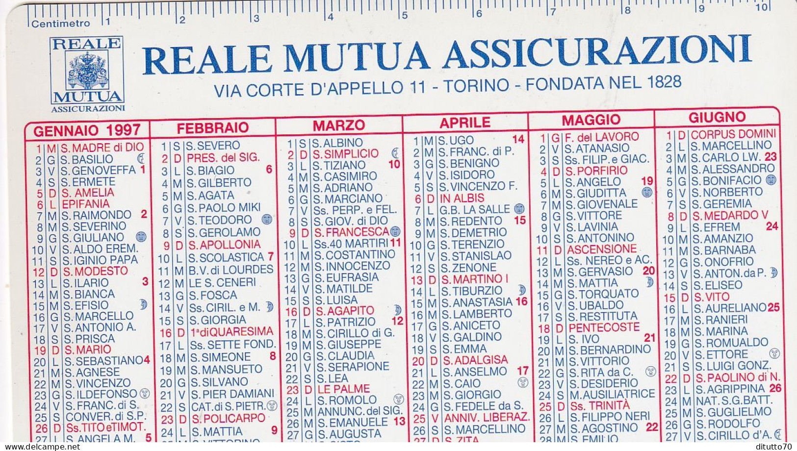 Calendarietto - Reale Mutua Assicurazioni - Torino - Anno 1997 - Petit Format : 1991-00