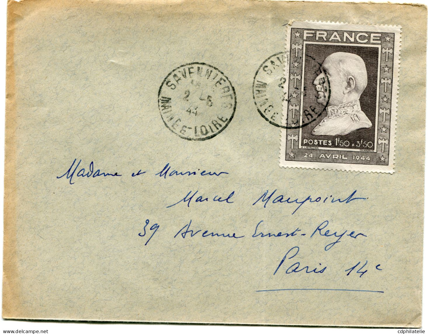FRANCE LETTRE DEPART SAVENNIERES 2-5-44 MAINE ET LOIRE POUR LA FRANCE - 1941-42 Pétain