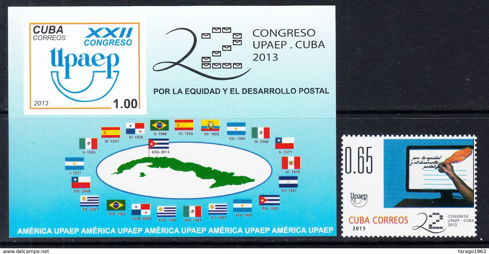 2013 Cuba Upaep Postal Services Flags Complete Set Of 1 + Souvenir Sheet  MNH - Unused Stamps