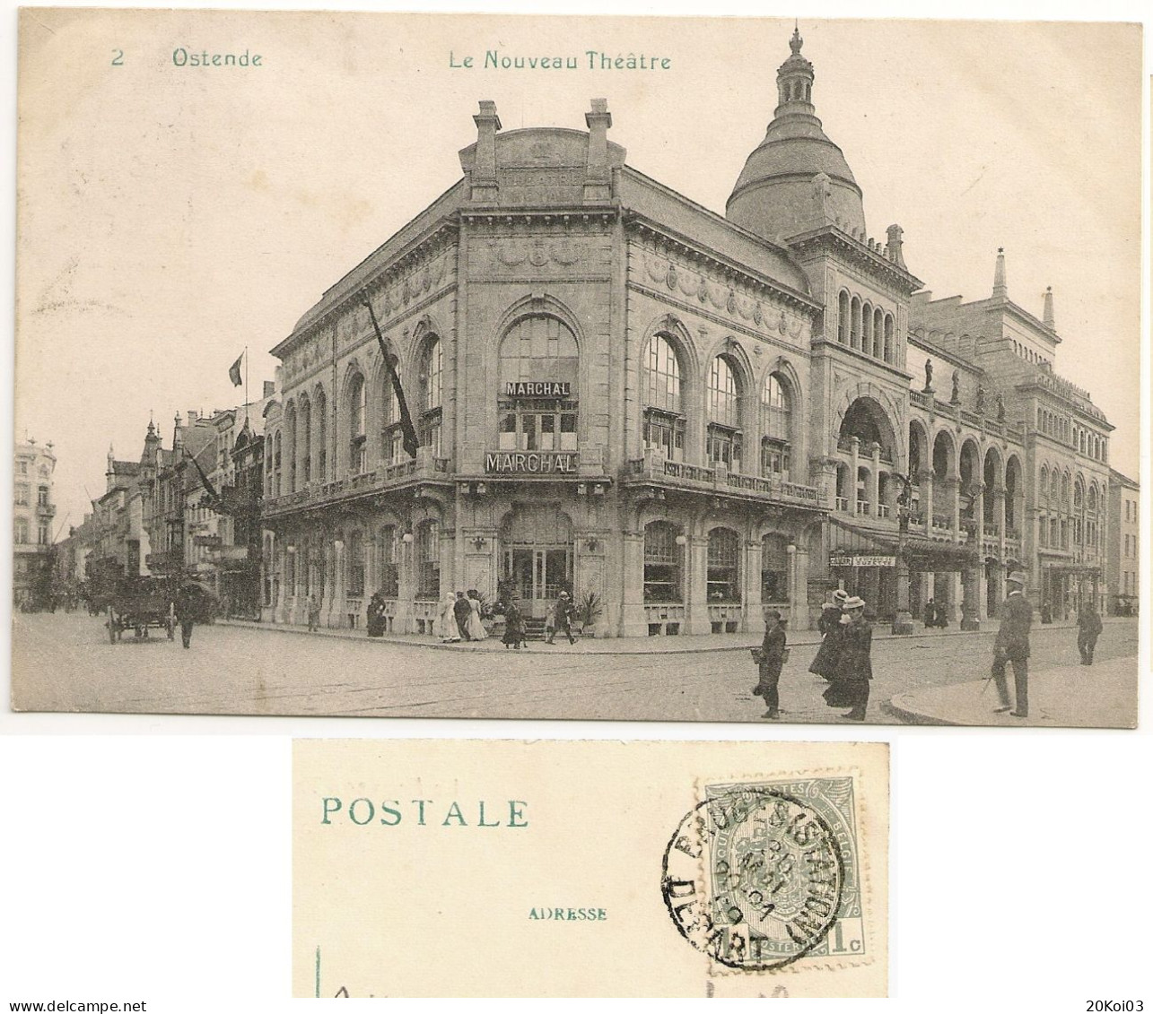 OOSTENDE Het Nieuwe Theater, Ostende Le Nouveau Théâtre_1909 Timbre 1c DEPART BRUGES (STATION)_CPA - Oostende