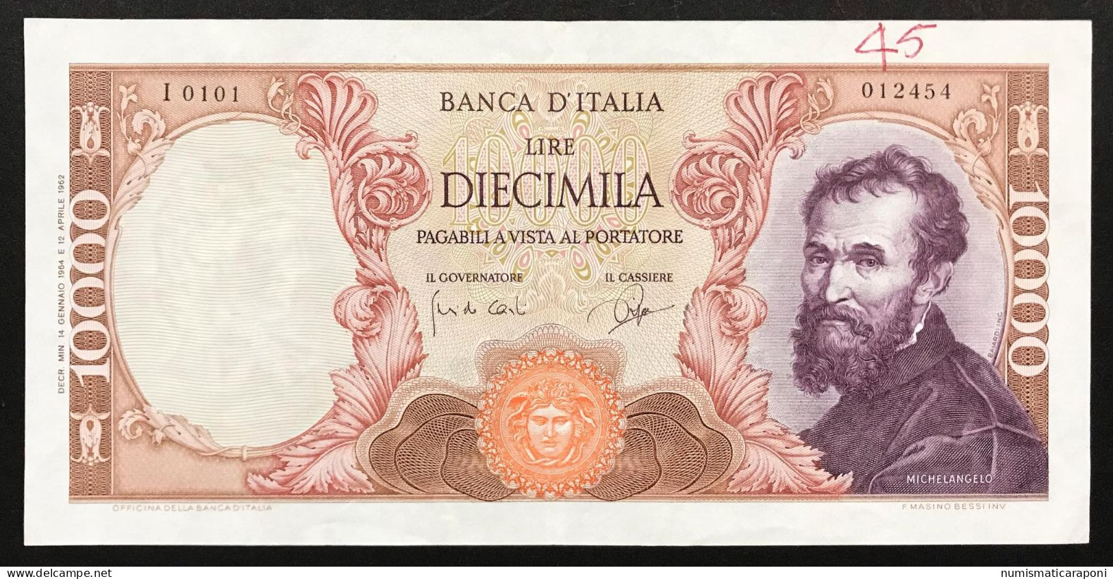 10000 LIRE MICHELANGEO BUONARROTI 14 01 1964 N.C. Bb+ Scritta LOTTO 380 - 10000 Liras