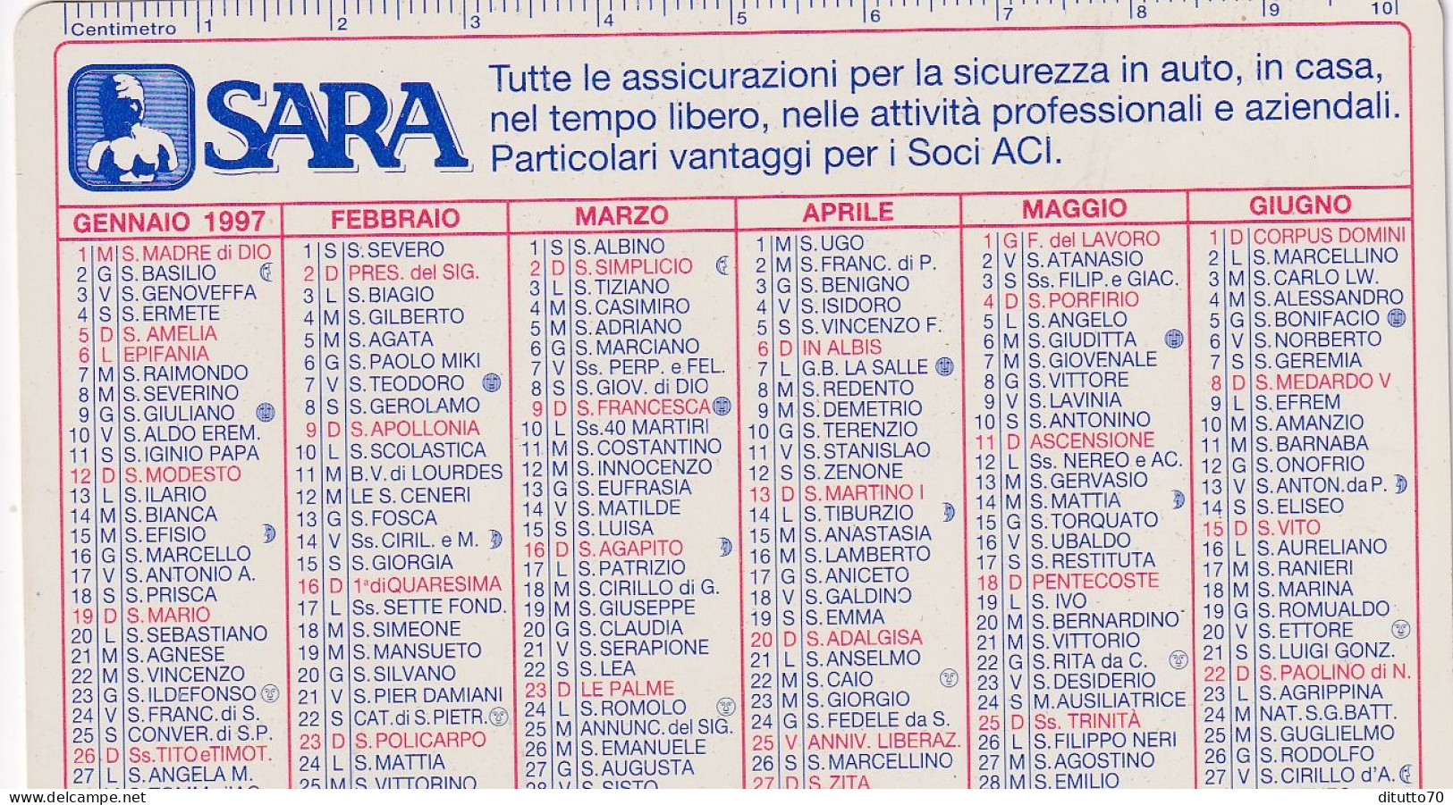 Calendarietto - SARA - Assicurazioni - Anno 1997 - Tamaño Pequeño : 1991-00