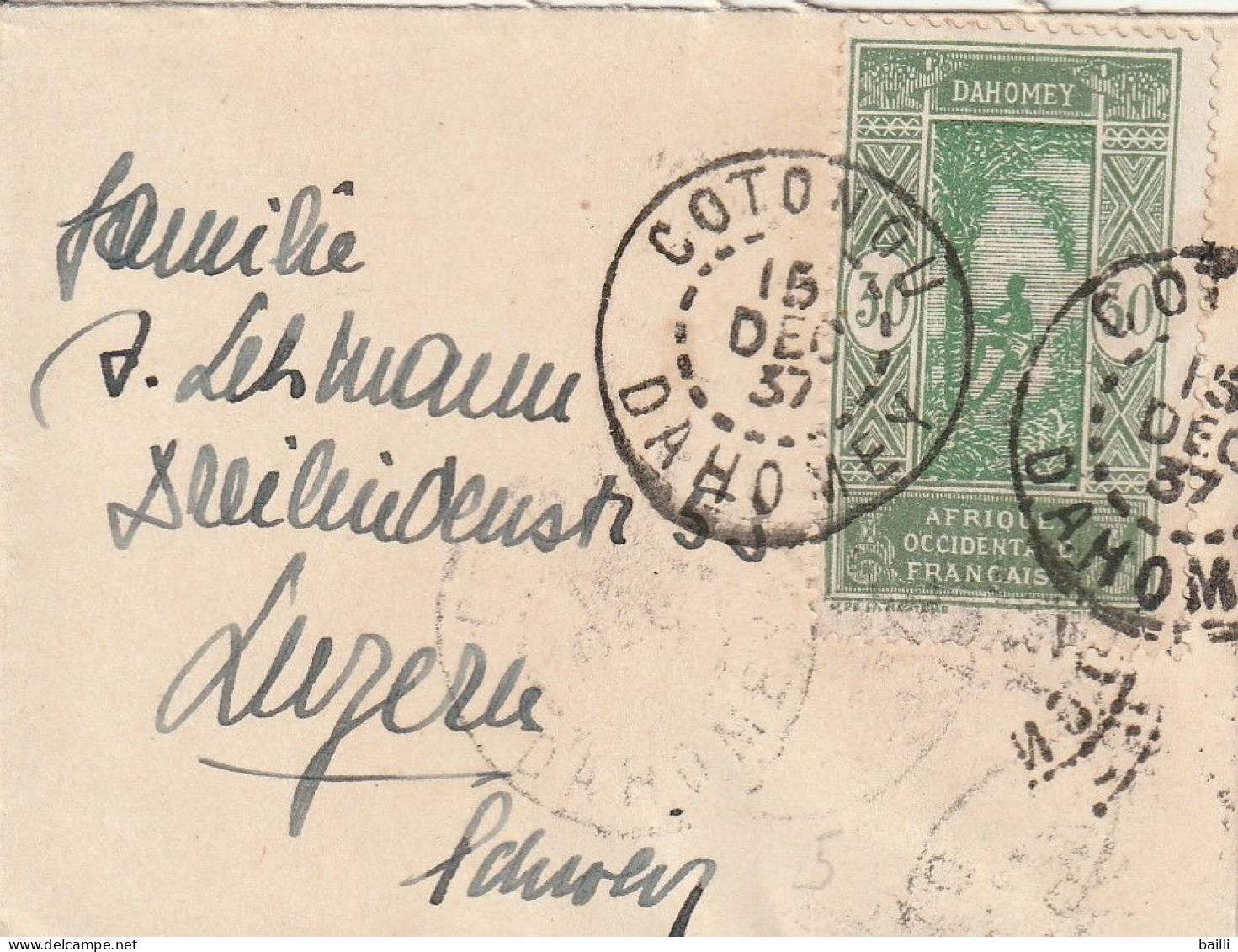 Dahomey Petite Lettre Cotonou Pour La Suisse 1937 - Covers & Documents