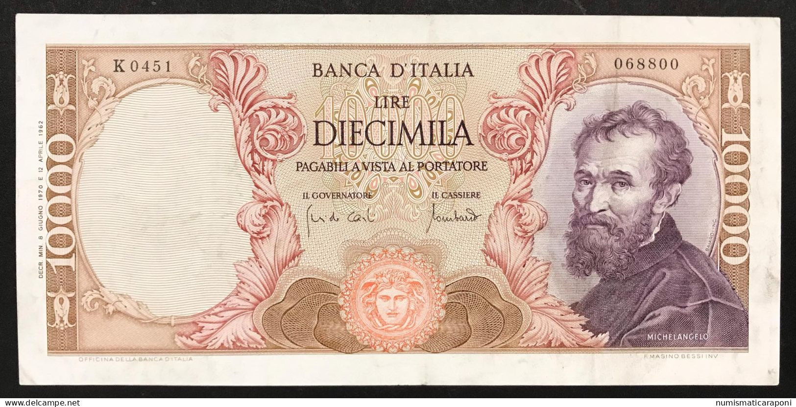 10000 Lire Michelangelo 08 06 1970 Bb+ Pressato  LOTTO 381 - 10.000 Lire