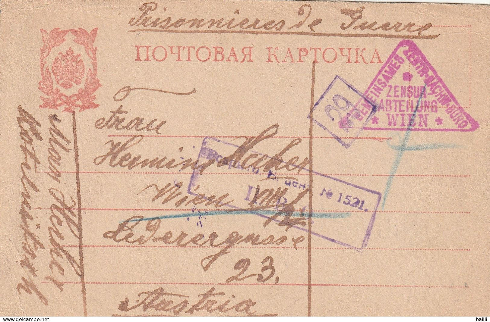 Russie Carte Censurée Prisonnier De Guerre Pour L'Autriche 1917 - Briefe U. Dokumente