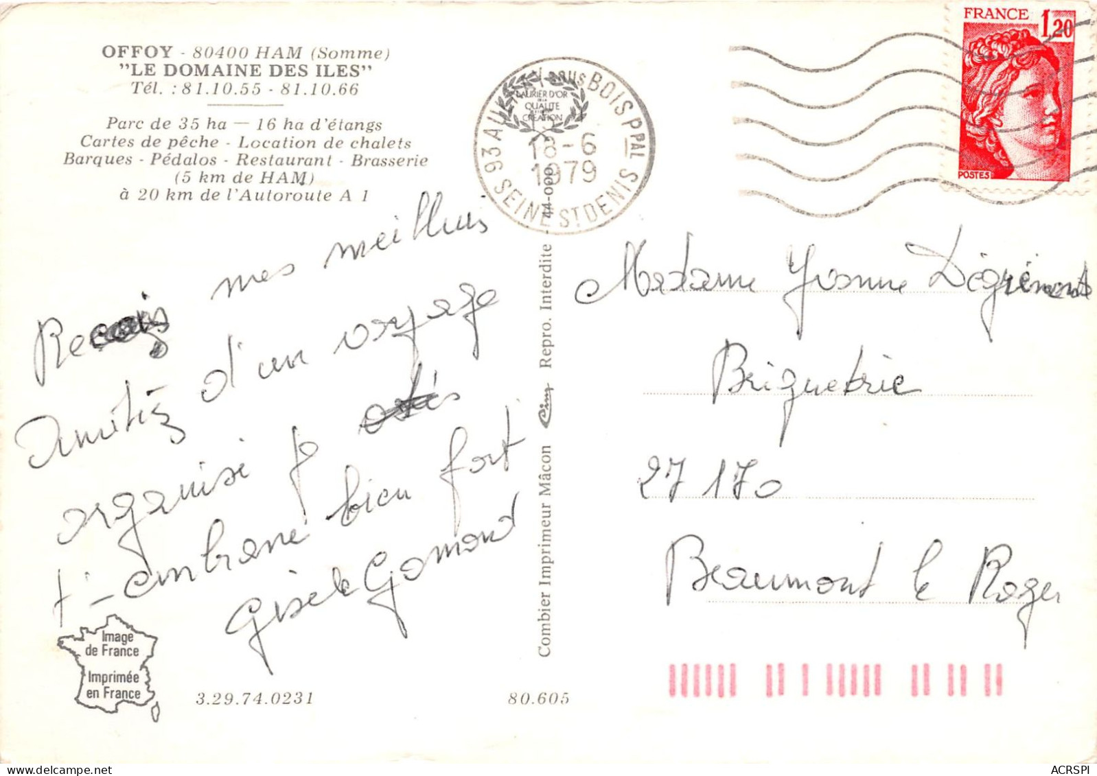 OFFOY HAM Le Domaine Des Iles Parc De 35ha 16ha D Etangs Cartes De Peche Location De Chalets 28(scan Recto-verso) MA742 - Ham