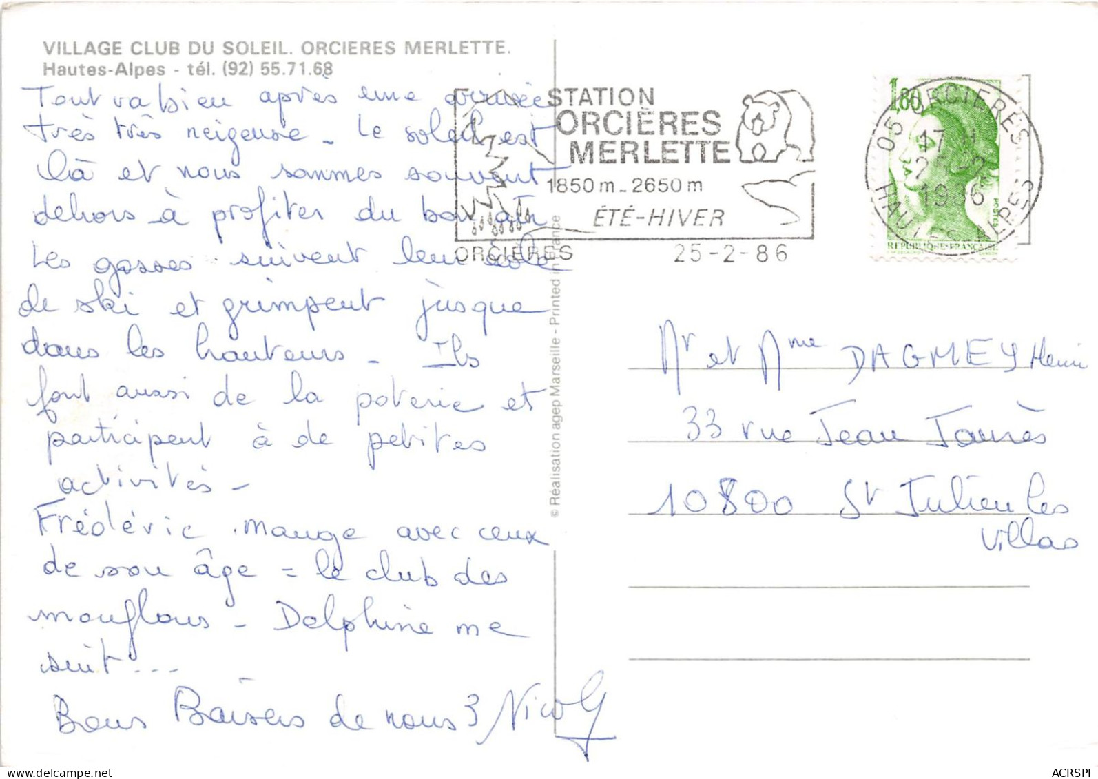 ORCIERES MERLETTE Village Club Du Soleil 4(scan Recto-verso) MA740 - Orcieres