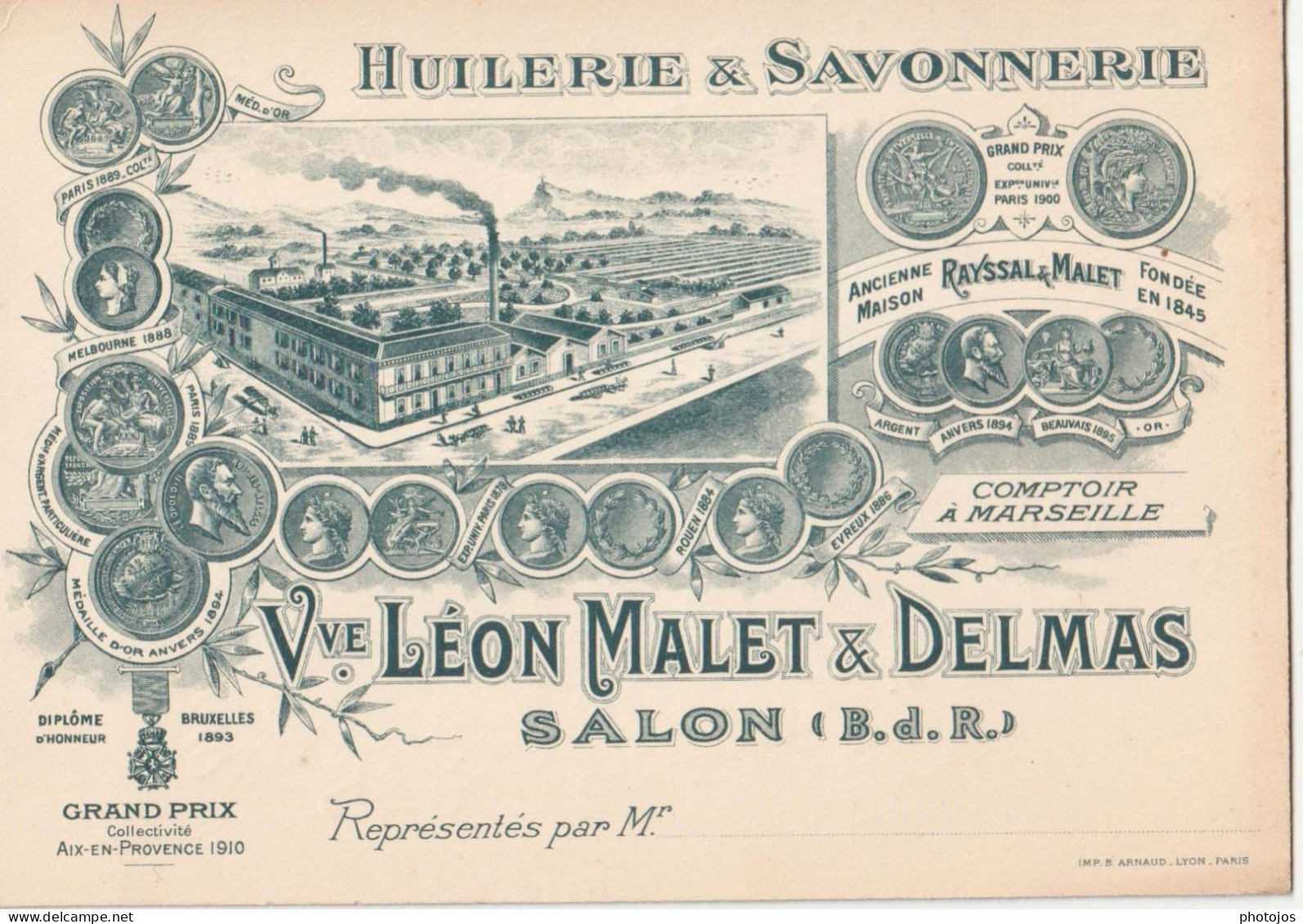 Carte Publicité Commerciale Litho Huilerie Savonnerie Malet Delmas  Salon De Provence Marseille (13) Gravure Usine - Pubblicitari