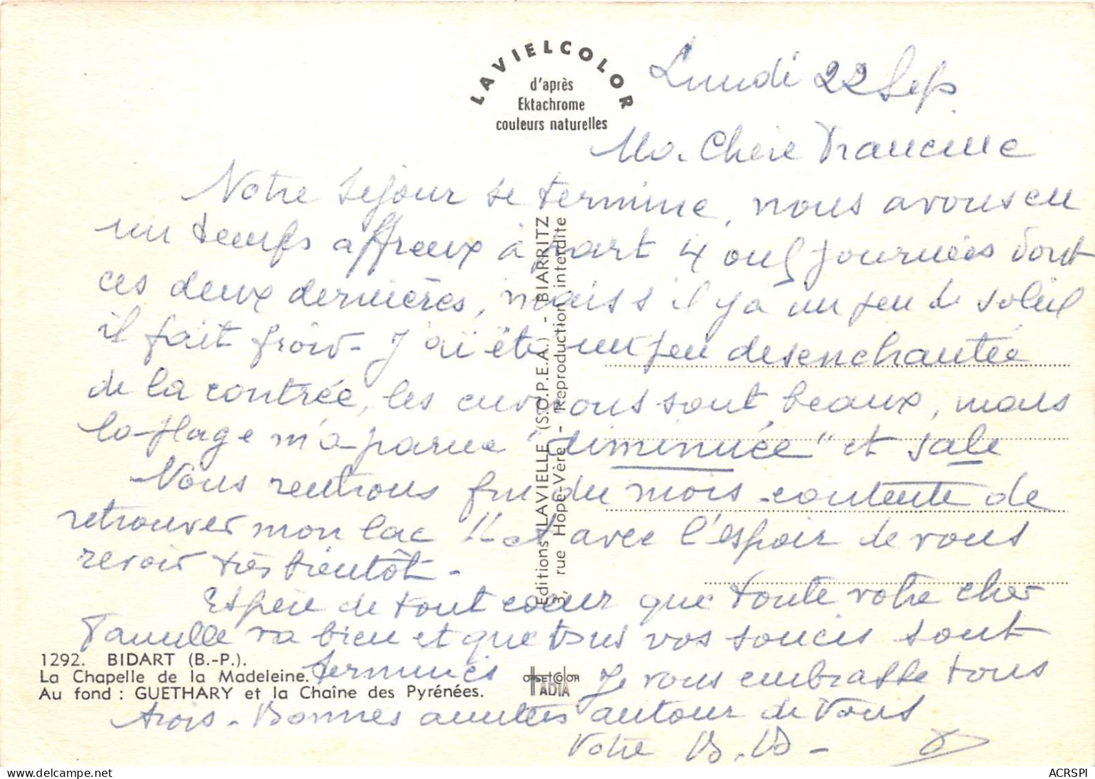 BIDART La Chapelle De La Madeleine Au Fond GUETHARY Et La Chaine Des Pyrenees 31(scan Recto-verso) MA787 - Bidart