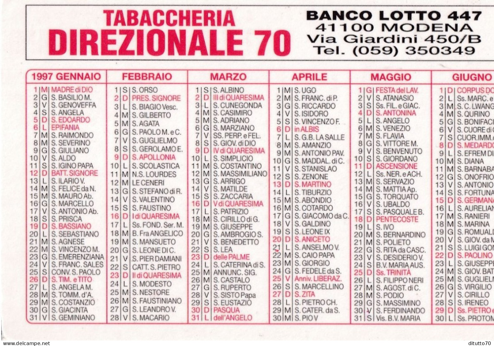 Calendarietto - Tabaccheria Direzionale 70 - Modena - Anno 1997 - Small : 1991-00