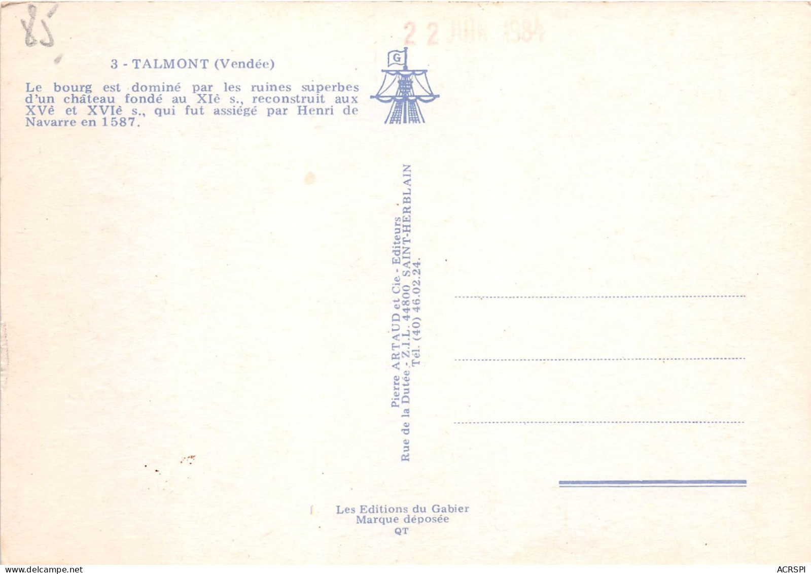 TALMONT Le Bourg Est Domine Par Les Ruines Superbes D Un Chateau Fonde Au XIe S 3(scan Recto-verso) MA797 - Talmont Saint Hilaire