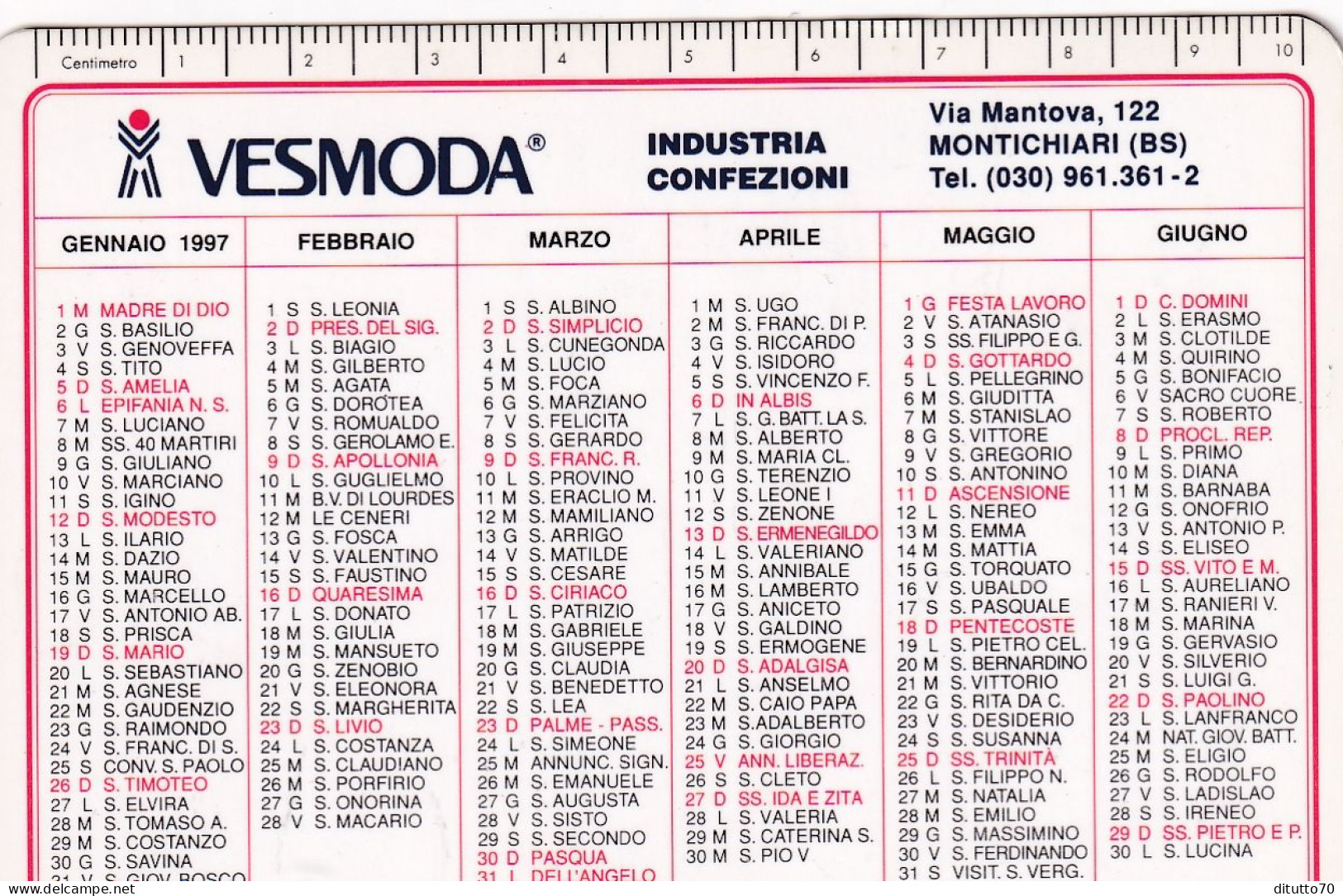 Calendarietto - VESMODA - Montichiari - Anno 1997 - Tamaño Pequeño : 1991-00