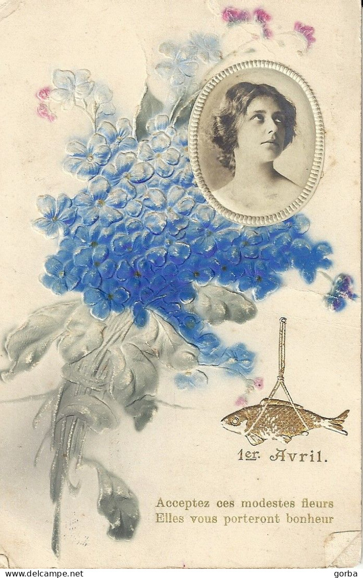 *CPA - 1er Avril - Femme Dans Médaillon Poisson, Fleurs - April Fool's Day