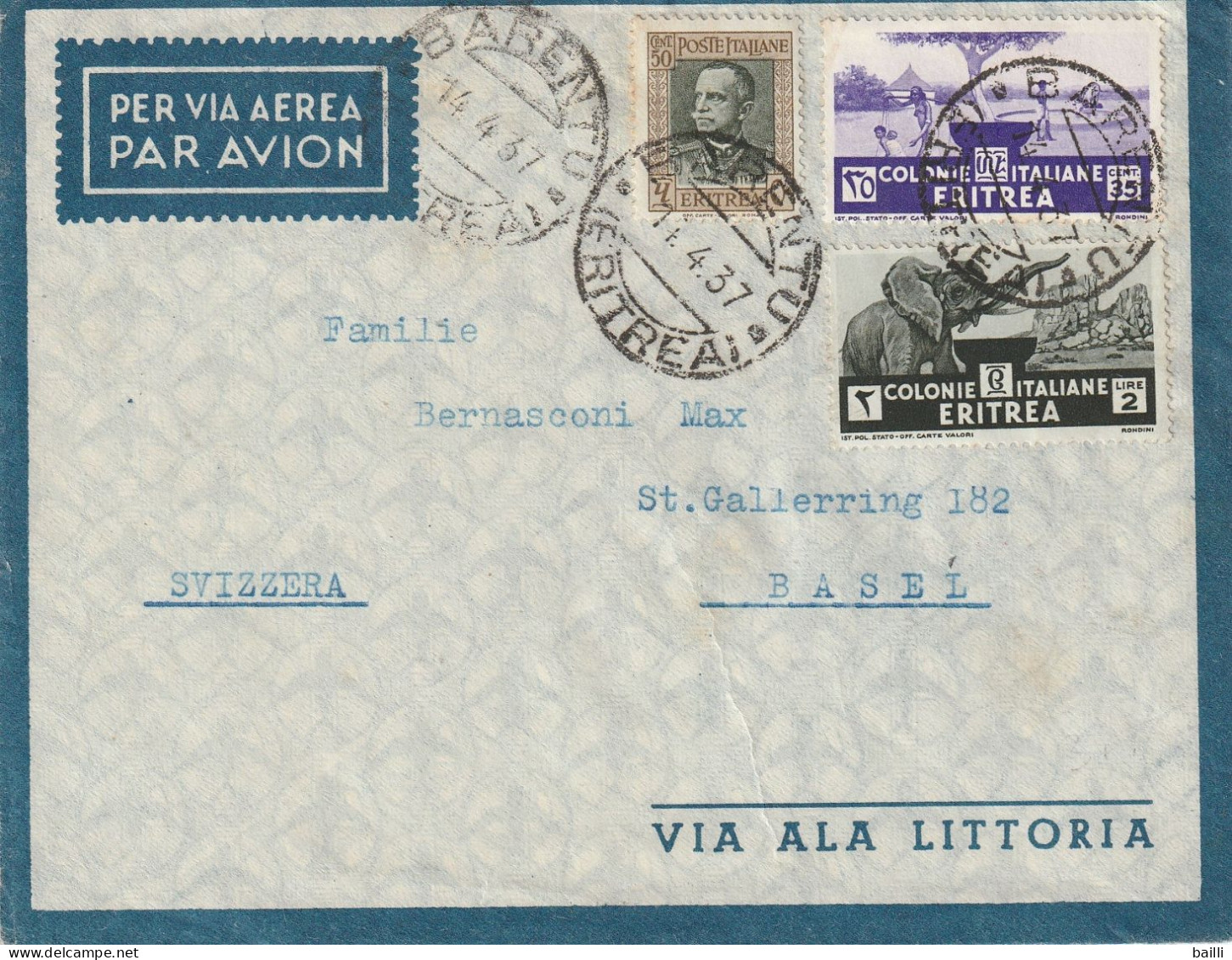 Erythrée Lettre Barentu Pour La Suisse 1937 - Erythrée