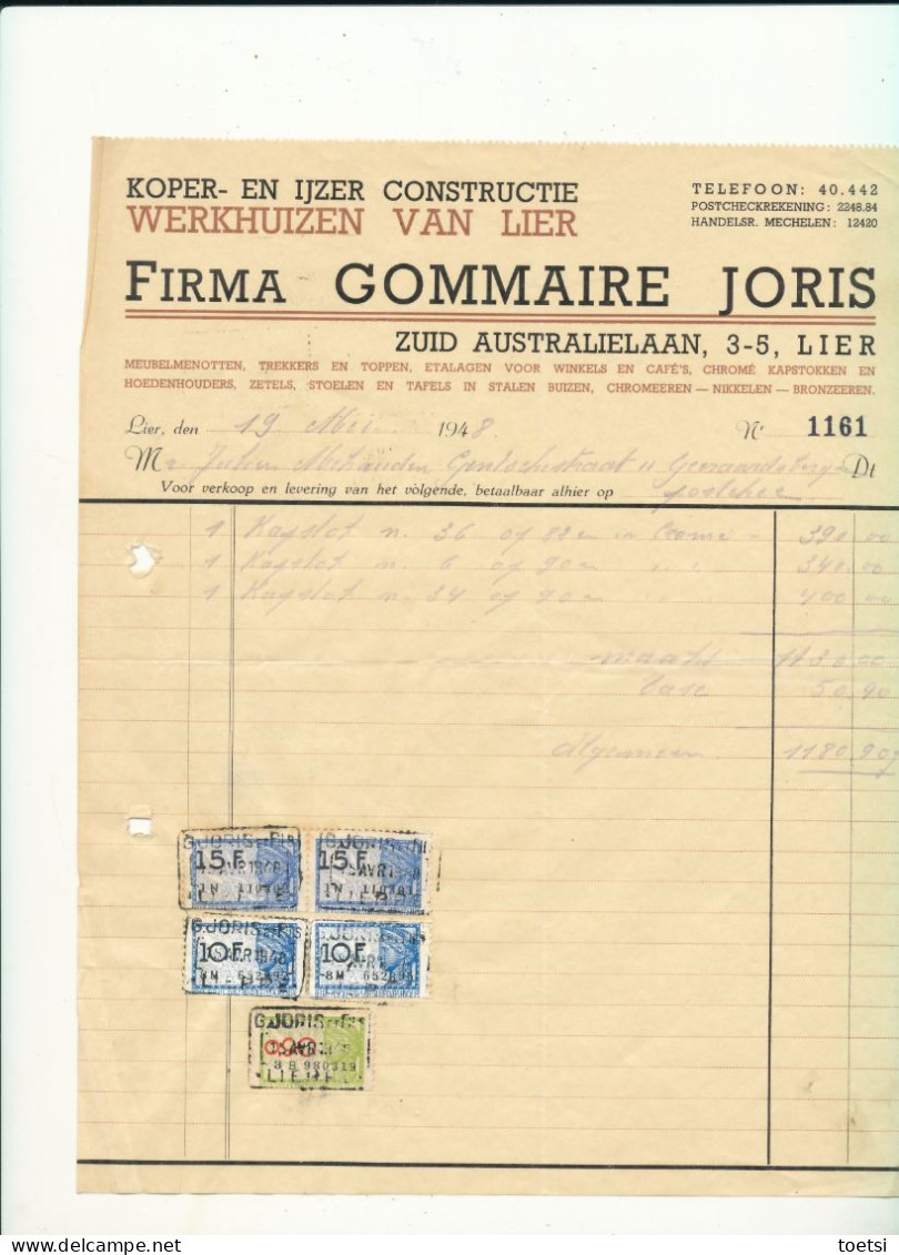 Factuur GOMMAIRE JORIS  LIER     Aan Mehauden Geraardsbergen - 1900 – 1949
