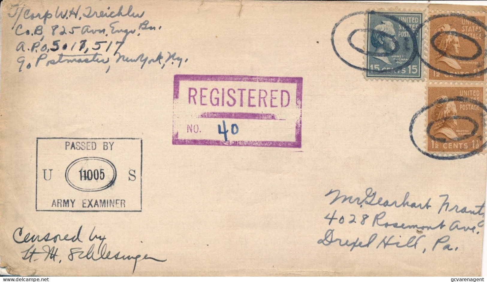 COVER 1942 WWII - REGISTERED - PASSED BY ARMY EXAMINER   TO DRIPEL HILL PA - Covers & Documents