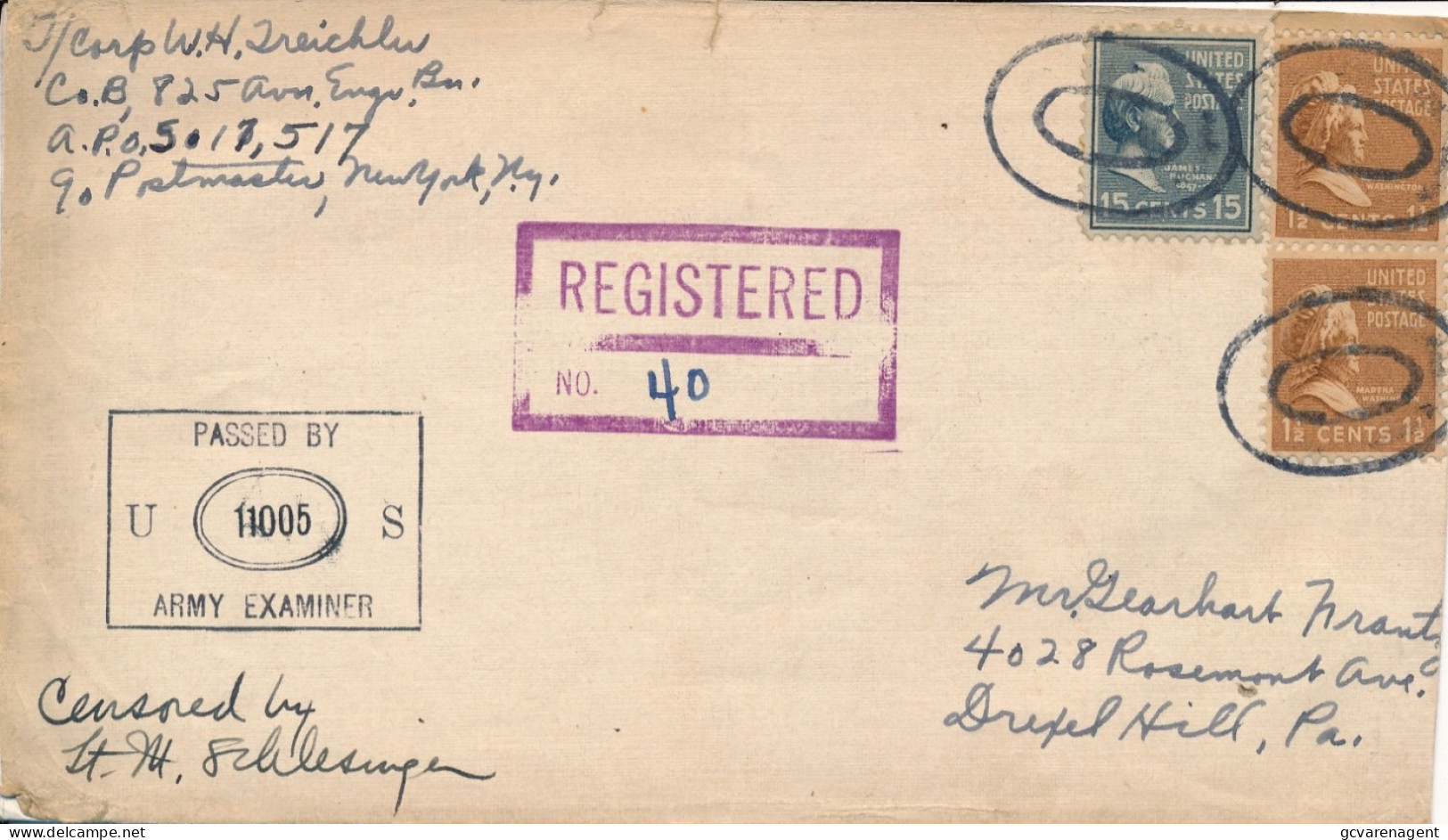 COVER 1942 WWII - REGISTERED - PASSED BY ARMY EXAMINER   TO DRIPEL HILL PA - Briefe U. Dokumente