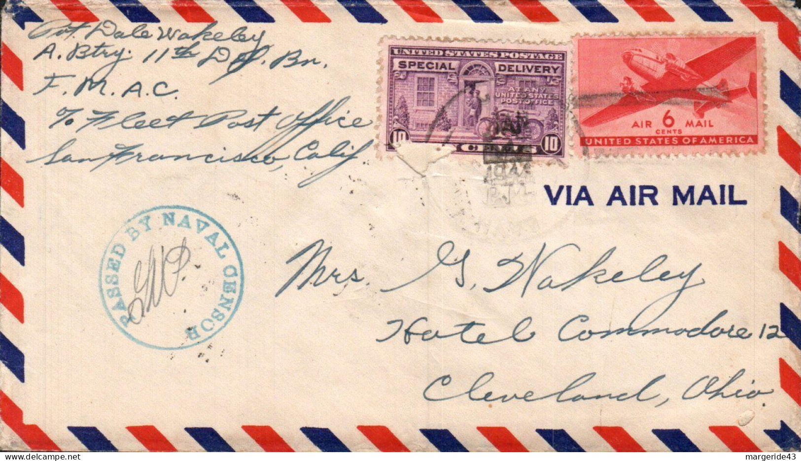 USA ETATS UNIS LETTRE DE SAN FRANCISO POUR CLEVELAND OUVERTE PAR LA CENSURE NAVALE 1943 - Covers & Documents